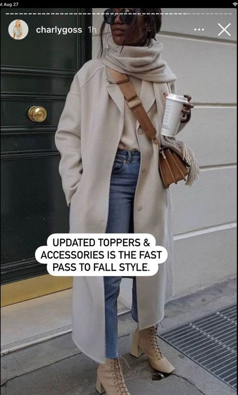 A fall outfit. A woman is wearing a long tan coat, a pair of straight leg jeans, and a camel-colored leather shoulder bag. Charly Goss, Charly Goss Style, Style Board, Work Fashion, Plaid Scarf, What To Wear, How To Look Better, Personal Style, Autumn Fashion