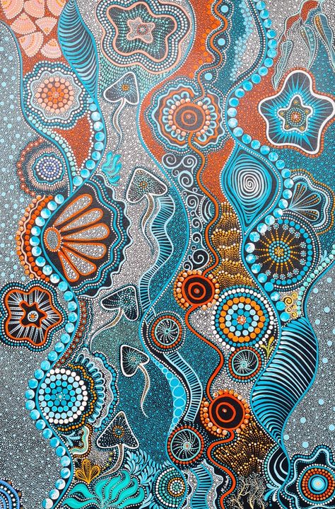 "Mulgumpin Quandamooka Country " by Maree Bradbury. Paintings for Sale. Bluethumb - Online Art Gallery Mandala Art Abstract, Abstract Design Painting, Aboriginal Art Ideas, Aboriginal Painting Ideas, Australian Dot Painting, Australian Dot Art, Abstract Mandala Art, Aboriginal Dot Painting Ideas, Aboriginal Drawings