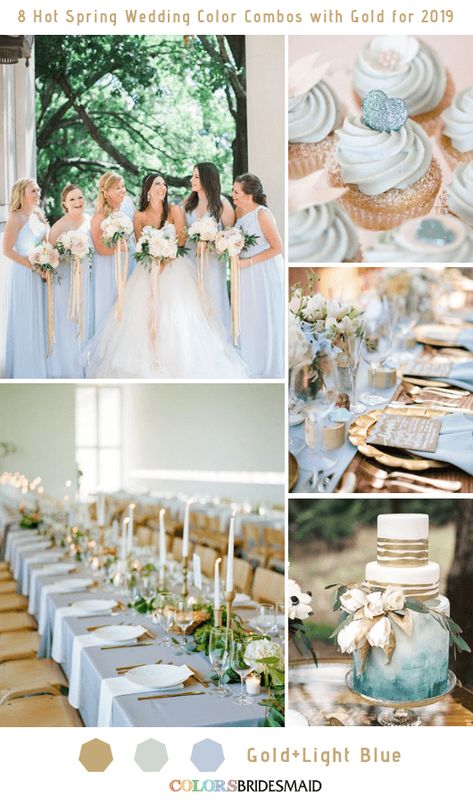 8 Hottest Spring Wedding Color Combos with Gold for 2019 -No.3 Light Blue and Gold #colsbm #bridesmaids #weddings #weddingideas #springwedding b676 Light Blue Wedding Colors, Spring Wedding Bridesmaids, Blue And Gold Wedding, Spring Wedding Color Palette, Blue Gold Wedding, Wedding Color Scheme, How To Dress For A Wedding, White Bridal Gown, Coral Bridesmaid Dresses