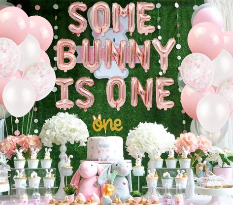 Bunny Theme Backdrop, Bunny 1st Birthday Party, Bunny Birthday Party Decorations, Some Bunny Is One Birthday, Bunny Birthday Theme, Bunny 1st Birthday, Easter Birthday Party, Some Bunny Is One, Bunny Birthday Party