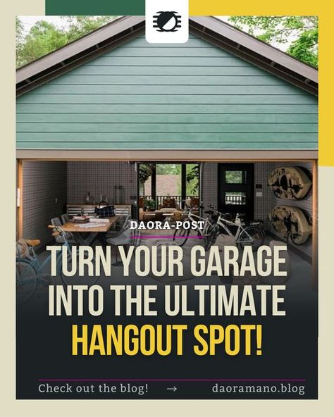 Are you tired of your garage collecting dust and being nothing more than cluttered storage space? It's time to transform it into the ultimate hangout spot! With a little creativity and effort, you can turn your garage into a space perfect for entertaining, relaxing, and having fun with friends and family. Don't let your garage go to waste any longer. Click on the link to read our full blog post and start creating the ultimate hangout spot you and your friends will love spending time in! Turn Garage Into Outdoor Living Space, Garage Entertaining Space Ideas, Garage Entertaining Space, Garage Hang Out Space, Garage Lounge Ideas, Garage Hangout Ideas, Garage Conversion To Family Room, Garage Bedroom Conversion, Dark Garage