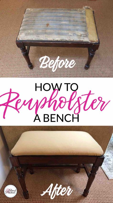 The before and after pictures of my how to reupholster a bench DIY. Even though I made some beginner mistakes along the way - the end result is still 100% better than before. Upholster Bench, Diy Bank, Diy For Beginners, Reupholster Chair Dining, Diy Furniture Chair, Antique Bench, Reupholster Chair, Wood Crafting Tools, Reupholster Furniture