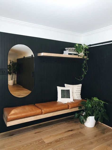 Moody Modern Entryway, Partition Entryway, Black Wall Entryway, Modern Mudroom Entryway, Small Mudroom Ideas Entryway, Scandinavian Entryway, Entrance Ideas Entryway, Basement Lounge, Entry Nook