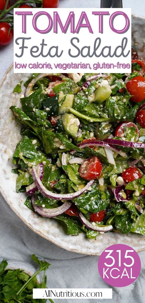 Spinach Salad Recipes Easy, Healthy Low Calorie Lunch, Tomato Salad With Feta, Spinach Feta Salad, Low Calorie Lunch, Salad With Feta Cheese, Low Calorie Salad, Healthy Low Calorie, Spinach Tomato