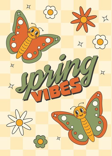 Retro y2k groovy spring poster. Funny cartoon character, butterfly, flowers, daisy Flowers Retro Aesthetic, Groovy Cartoon, Butterfly Cartoon, Spring Poster, Retro Butterfly, Flowers Daisy, Retro Spring, Daisy Daisy, Funny Cartoon Characters