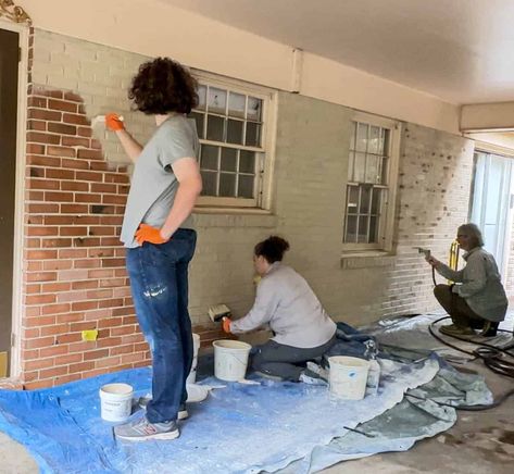 We have spent many years lime washing many homes and there is one thing we've learned. It's definitely a diy project anyone can tackle! Here is how to limewash an exterior brick house with Riposo Beige. Beige Limewash Brick Exterior, Nube Gray Limewash Brick Exterior, Riposo Beige Limewash Exterior, Brick Limewash Exterior, Romabio Limewash Before And After, Mortar Washed Brick Exterior, Lime Wash Brick Exterior, Lime Washed Brick Exterior, Riposo Beige Limewash