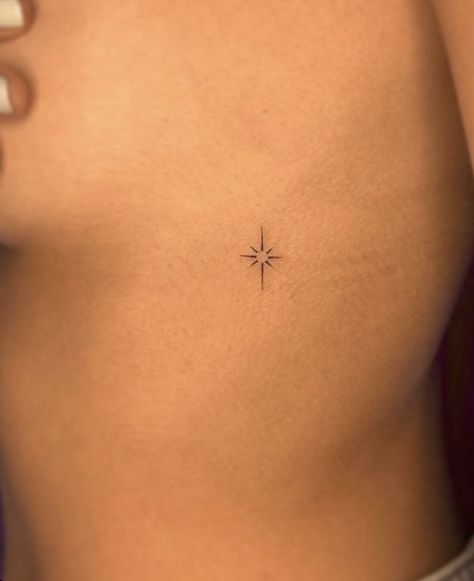 Fine Line Tattoo Torso, Star Tattoos Dainty, Women Small Chest Tattoo, Side Small Tattoos Women, Angel Number Hip Tattoo, Microtattoo Simple Tiny Tattoo, Brown Freckle Tattoo, Back Of Hip Tattoo, Small Upper Back Tattoos For Women