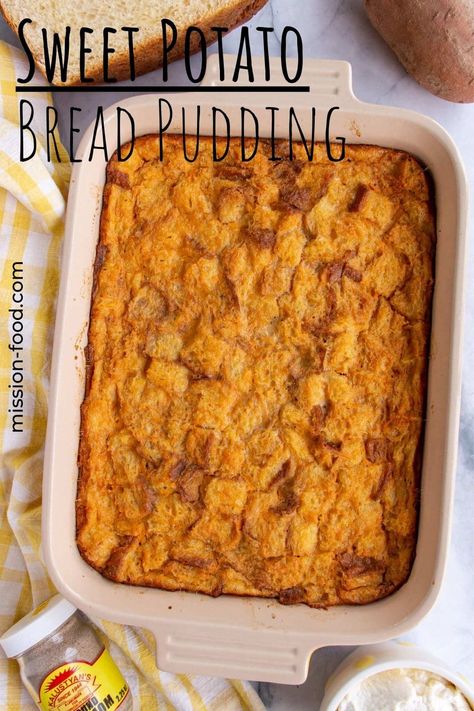 Sweet potato bread pudding is a warm and cozy fall and winter dessert that's easy to make! Comforting and mildly sweet, serve this simple dessert with a big dollop of fresh cardamom whipped cream for a real treat. Sweet Potato Bread Pudding Recipe, Sweet Potato Bread Pudding, Recipe Using Apples, Sweet Potato Pudding, Old Fashioned Bread Pudding, Winter Dessert, Canning Sweet Potatoes, Pumpkin Bread Pudding, Sweet Potato Bread