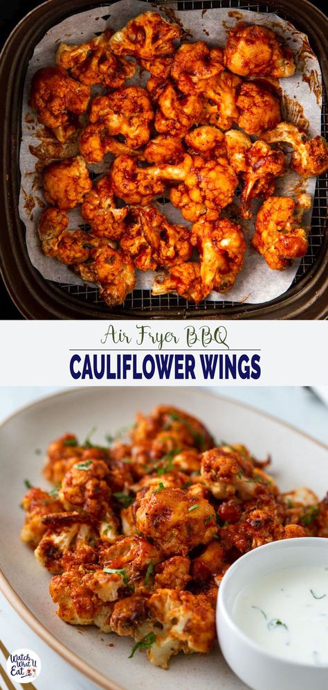 Air Fryer BBQ Cauliflower Bites - roast flour-coated fresh cauliflower bites in an air fryer and then coat them with delicious smokey barbeque sauce. Perfect for an easy and healthy appetizer or serve them as a side for a wholesome meal. Barbeque Cauliflower, Cauliflower Wings Air Fryer, Air Fryer Cauliflower Bites, Air Fryer Cauliflower Wings, Veggie Bbq, Bbq Cauliflower Wings, Air Fryer Cauliflower, Bbq Veggies, College Meal