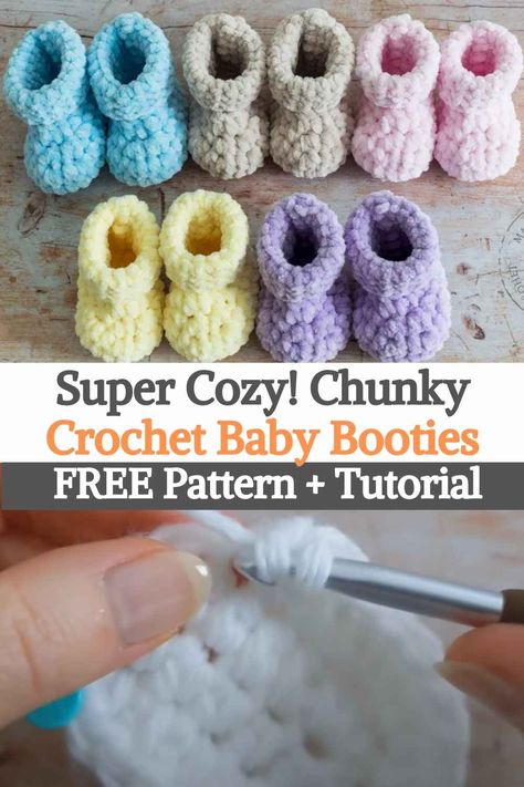 How To Crochet Chunky Yarn, Crochet Chenille Hat, Flutterby Chunky Crochet Pattern, Crochet Baby Hat Chunky Yarn, Chunky Yarn Baby Hat, Free Baby Booties Crochet Pattern, How To Crochet Baby Booties, Chunky Yarn Crochet Ideas, Chenille Crochet Patterns Free