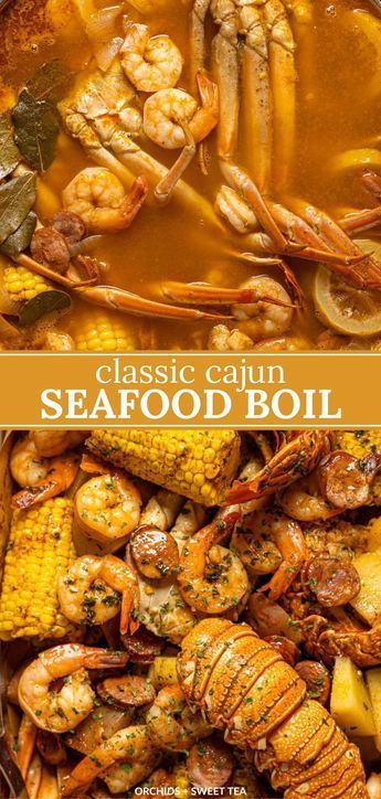 Spice up your kitchen with My Favorite Cajun Seafood Boil. It's packed with bold flavors like Cajun seasoning, and smoky Andouille sausage, and loaded with succulent lobster, shrimp, crab + sweet corn, this dish is a true feast. And don't forget the incredible buttery sauce that drowns and smothers all that hearty goodness! This finger-licking-good recipe is easy to make and perfect for serving a crowd. Gluten-free. | how to make a seafood boil at home | homemade seafood boil | seafood recipes Restaurant Style Seafood Boil, Seafood Boil With Crawfish, Seafood Camping Recipes, New Orleans Seafood Boil, Seafood Boil Oven Recipe, Seafood Boil With Lobster Tails, Cheap Seafood Boil, Seafood Boil With Crab Legs And Shrimp, Lobster Seafood Boil