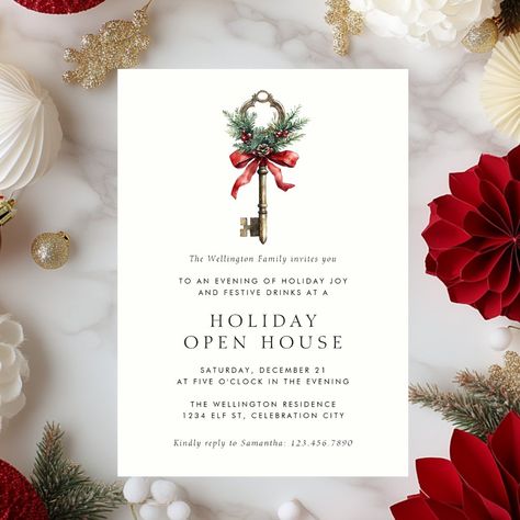 Holiday Open House Festive Key Christmas Party Invitation Elegant Christmas Party Invitations, Open House Party, Elegant Christmas Party, Holiday Open House, Christmas Address Labels, Holiday Party Favors, Festive Drinks, Christmas Party Invitation, Holiday Invitations