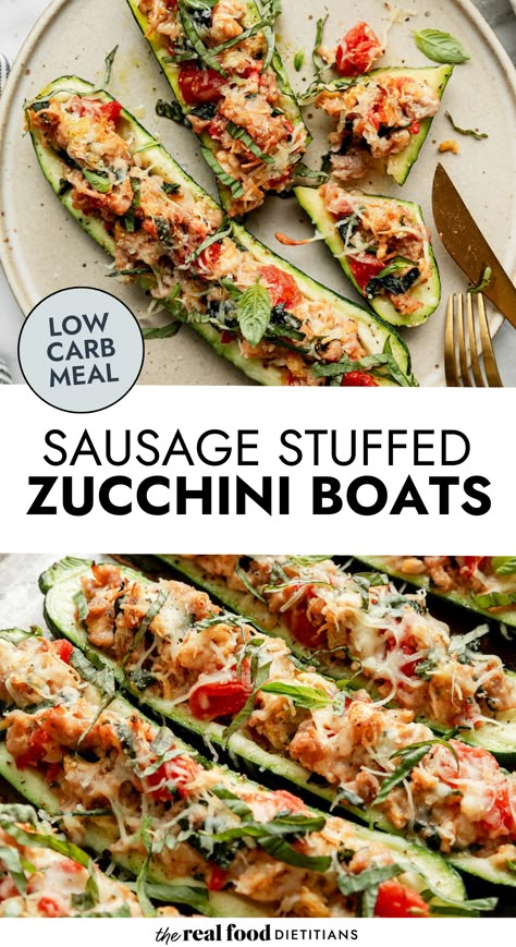 Sausage stuffed zucchini boats on plate with bite on fork Ground Chicken Stuffed Zucchini Boats, Stuffed Zucchini Boats Beef, Stuffed Zucchini Boats With Sausage, Sausage Stuffed Zucchini Boats, Homemade Creamy Italian Dressing, Zucchini Boat Recipes Sausage, Zuchinni Boat, Zucchini Boat, Quick Summer Meals