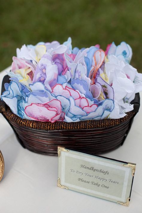 This listing is for 33 brand new, never used, ladies handkerchiefs. I gathered them in a basket and placed on the table with the programs for people to use at the wedding rather than using tissues. It looks like only 23 handkerchiefs are shown in the first photo, but the top 2 rows of handkerchiefs have 2 in each stack. If interested, please send me your zip code so that I can get a shipping quote to you. All shipping is done through USPS standard mail unless priority is at no additional charge… Wedding Handkerchief For Guests, Wedding Hankerchief For Guests, Mohonk Wedding, Casual Garden Wedding, Wedding Hankerchief, Brown Basket, Handkerchief Wedding, Wedding Send Off, Tent Decorations