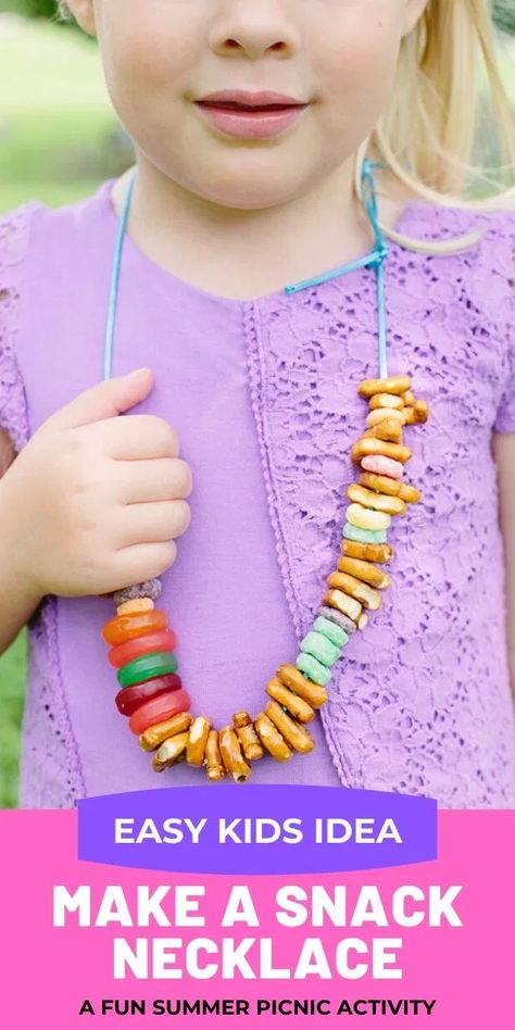 Picnic Food Kids, Snack Necklace, Kids Summer Projects, Picnic Activities, Trip Snacks, Picnic Snacks, Kid Recipes, Food Necklace, Cereal Snacks