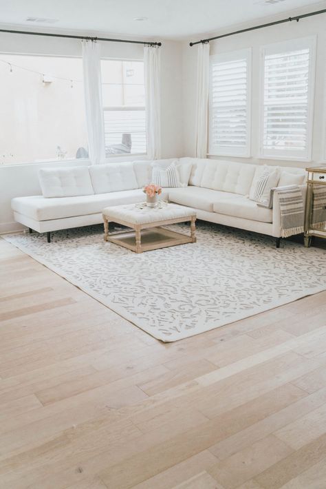 Home Depot Engineered Hardwood Flooring! Color: Malibu Wide Plank Inexpensive Area Rugs, Home Depot Flooring, Hardwood Floor Colors, Wide Plank Flooring, Modern Farmhouse Living Room, Neutral Living Room, Solid Hardwood Floors, Our New Home, Engineered Hardwood Flooring