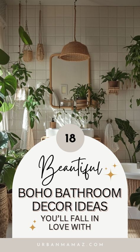 Looking for beautiful Boho bathroom decor ideas you'll fall in love with? Check out these 18 stunning Boho bathroom decor ideas to add character to your space. Bathroom Boho Decor Ideas, Plant Themed Bathroom, Botanical Bathroom Ideas, Bathroom Boho Decor, Boho Bathroom Decor Ideas, Boho Bathrooms, Bathroom Boho, Botanical Bathroom, Boho Decor Ideas