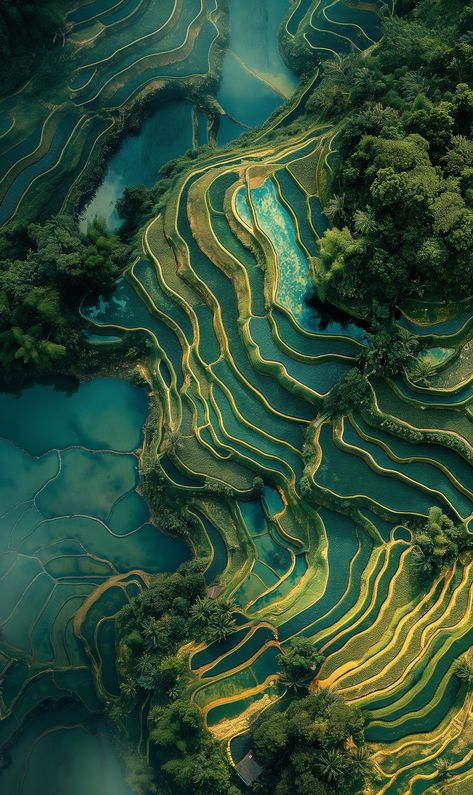 reflecting the different stages of rice growth. The vibrant greens indicate the early growth stages of rice, while the golden tones mark the fields ready for harvest. The terraces are expertly carved into the hillsides, demonstrating an ancient technique of agriculture that maximizes the use of arable land in mountainous regions. Sunlight dapples across the landscape, highlighting the contours and texture of the fields, and creating a dynamic interplay of light and shadow. The image captures the harmonious relationship between Rice Field Bali, Inspiration Pictures Nature, Filipino Landscape, Rice Field Photography, Rice Paddy Fields, Agriculture Art, Harmonious Relationship, Bali Painting, National Geographic Photography