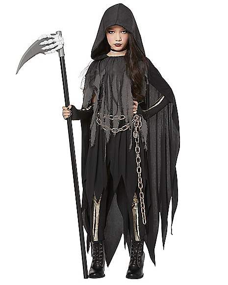 Kids Dark Reaper Costume - Spirithalloween.com Grim Reaper Makeup, Grim Reaper Halloween Costume, Dark Reaper, Robin Hood Costume, Grim Reaper Costume, Spirit Costume, Skeleton Arm, Pink Ladies Jacket, Skeleton Leggings