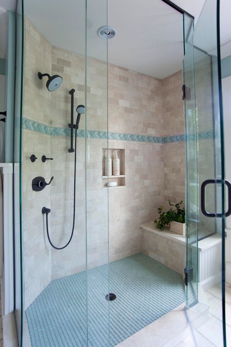 Fairwinds Seaside Residence - Beach Style - Bathroom - Providence - by DiMauro Architects, Inc. | Houzz Nautical Bathroom Design Ideas, House Bathroom Designs, Beach Style Bathroom, Beach House Bathroom, Shower Tile Ideas, Nautical Bathroom Decor, Bad Inspiration, Nautical Bathrooms, Coastal Bathrooms