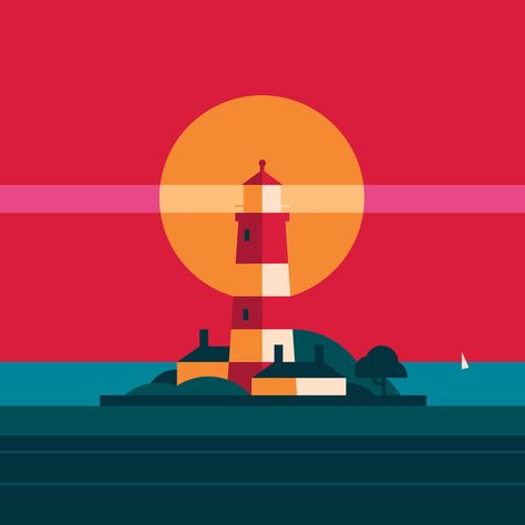 Lab Illustration, Sleeping Drawing, Art Deco Artwork, Pop Art Fashion, Sailing Art, Lighthouse Painting, Lighthouse Art, Contemporary Illustration, Graphic Design Tips