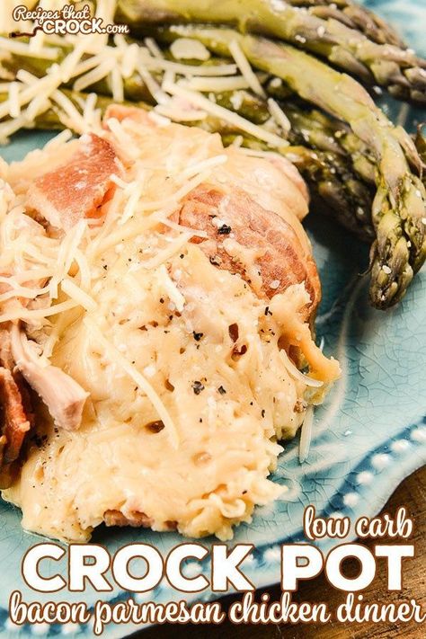 Are you looking for an easy one pot meal that is delicious and low carb? This Crock Pot Bacon Parmesan Chicken Dinner is a simple family dinner that everyone loves! #CrockPot #lowcarbdiet #lowcarb #ketodiet #keto #lchf #ketorecipes #ketogenicdiet #ketogenic Dinner Low Carb, Dinner Crockpot, Low Carb Crock Pot Recipes, Low Carb Chicken Recipes, One Pot Meal, Easy One Pot Meals, Crockpot Recipes Beef, Parmesan Chicken, Crock Pot Slow Cooker