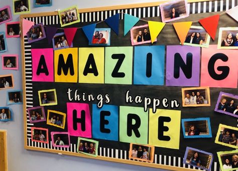 Bulletin Board For Pictures Display, Classroom Photo Wall Bulletin Boards, Bulletin Board Ideas With Pictures, Photo Bulletin Board Ideas, Memories Bulletin Board, Photography Challenges, Bullentin Boards, Classroom Boards, Student Picture