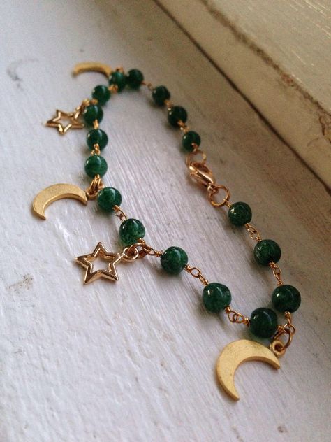 ❤️ Sailor Moon Bracelet, Boho Jewlery, Aventurine Bracelet, Earthy Jewelry, Moon Bracelet, Star And Moon, Celestial Jewelry, Gold Moon, Funky Jewelry