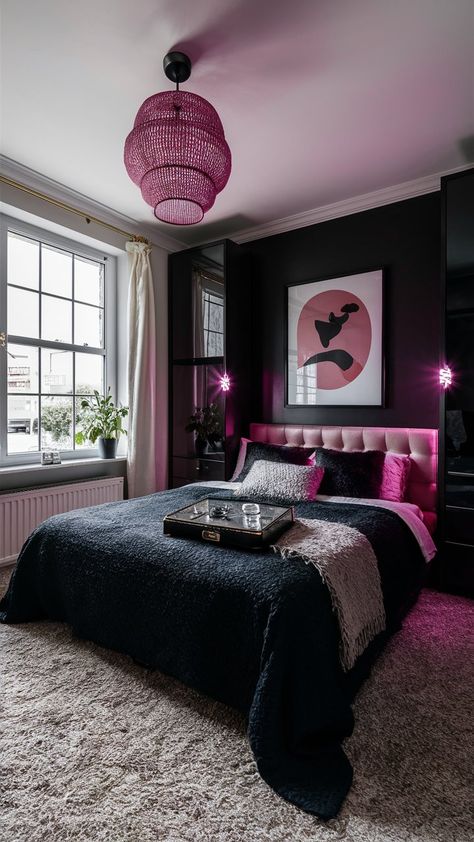 Dive into eclectic charm in this modern bedroom designed for self-expression. The standout black bed pairs beautifully with a soft, fluffy carpet, creating a cozy atmosphere. Playful pink LED lights illuminate your favorite artwork and personal mementos, showcasing your unique style. This inviting space is perfect for the creative woman in her 20s, providing a canvas for inspiration and relaxation alike. All Black Bedroom, Pink And Black Bedroom, Pink Room Design, Woman In Her 20s, Pink Led Lights, Creative Woman, Fluffy Carpet, Girl Apartment, Cozy Bedrooms