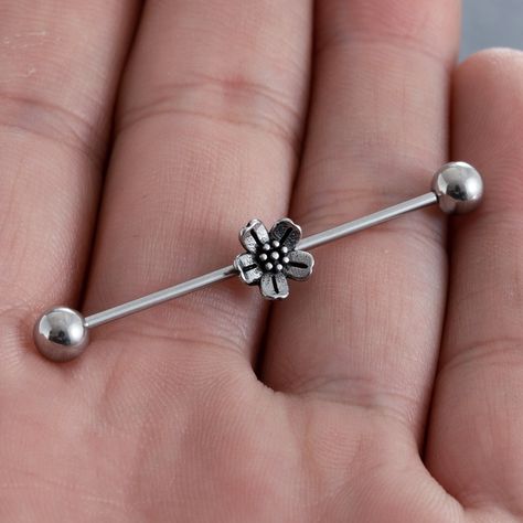 Handmade item *This listing is for ONE barbell, NOT a pair! Thank you!  Materials Surgical steel Description: * Gauge (Thickness): 16 Gauge (1.2mm) * Bar Length: Approx: Bar Length :  | 35mm/38mm * Flower size: 7mm * Quantity: 1pcs Ear Piercing Cartilage, Earrings Industrial, Industrial Bar Piercing, Industrial Piercing Jewelry, Piercing Cartilage, Cute Ear Piercings, Ear Piercings Cartilage, Industrial Jewelry, Industrial Barbell