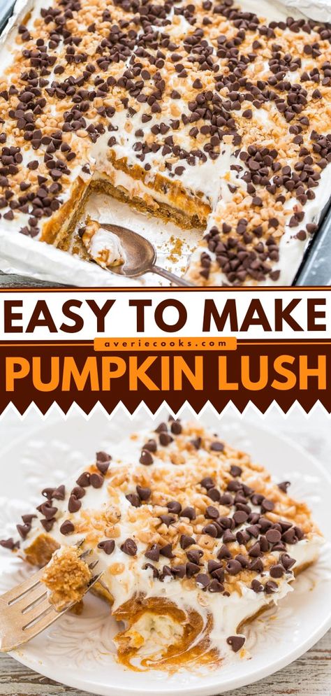 Quick & Easy Layered Pumpkin Lush - Averie Cooks Lasagna Desserts, Pumpkin Lush, Cream Cheese Pudding, Desserts Pumpkin, Dessert Pumpkin, Pudding Cakes, Cheese Pudding, Pumpkin Delight, Layered Dessert