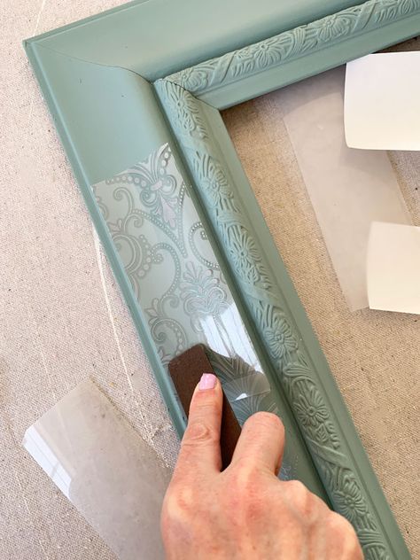 Changing A Mirror Frame, Picture Frame Repainting, Large Wall Mirror Redo, Paint Plastic Mirror Frame, Mirror Frame Makeover Paint, Picture Frame Redo Ideas, Ideas For Mirror Frames, Upholstered Mirror Frame, Mirror Redo Diy Paint