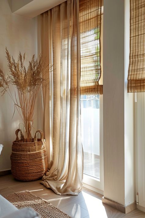 Layered Look: 13 Ideas To Combine Blinds And Curtains - DreamyHomeStyle Blinds And Curtains Together, Curtains Over Blinds, Cozy Mountain Home, Tiny Interior, Barra Bar, Green Living Room Decor, Blinds And Curtains, White Blinds, Wood Burn Designs