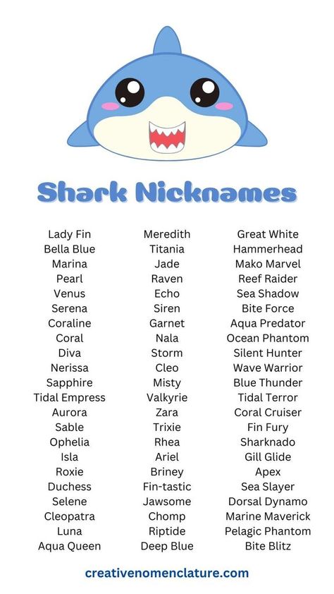 320 Creative Shark Nicknames for Your Next Ocean Adventure Dusky Shark, Funny Name Generator, Shark Names, Writing Reference, Cool Sharks, Character Sheet Template, Ocean Adventure, Shark Drawing, Character Prompts