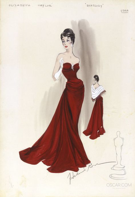 Elizabeth Taylor in Rhapsody Vintage Fashion Sketches, Rose Costume, Helen Rose, Fashion Design Inspiration, Hollywood Costume, Fashion Illustration Vintage, Fashion Design Drawings, Fashion Design Sketches, Elizabeth Taylor