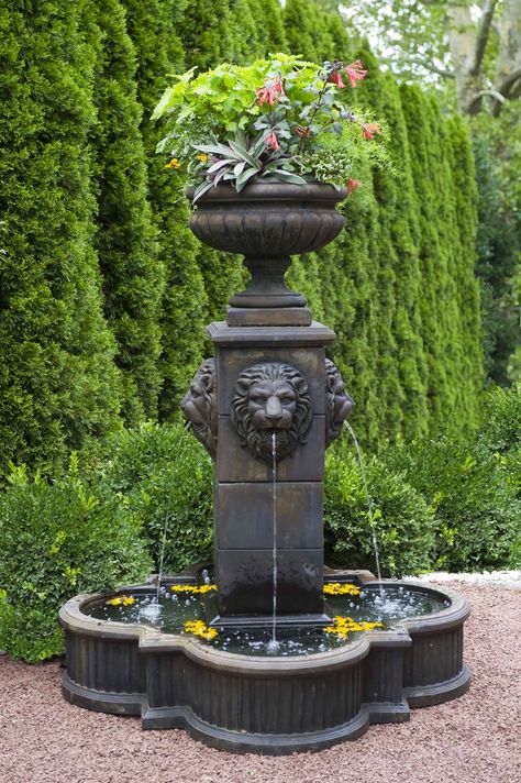 Flower Bed Fountain, Lion Water Fountain, Statue Water Fountain, Front Yard Landscaping Ideas With Rocks Water Fountains, Victorian Fountain, Front Yard Fountain, Lion Fountain, French Fountains, Fountain Decor