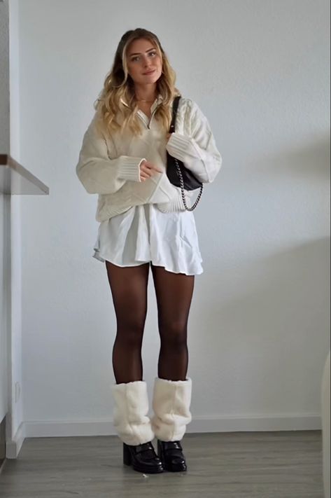 White Winter Dress Aesthetic, White Skater Skirt Outfit Winter, Short White Dress Winter, Winter Outfits Cold Skirts, Jumper Dress Outfit Winter Tights, White Tights Winter Outfit, White Skirt In Winter Outfit, Leggings And Skirt Outfit Winter, White Skirt With Stockings Outfit