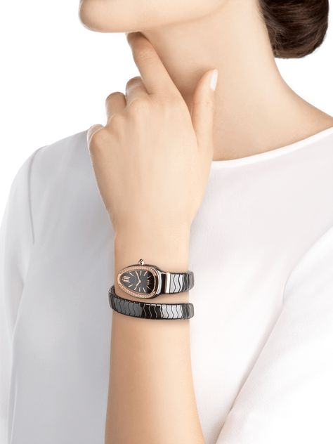 Serpenti Tubogas Watch, Serpenti Watch, Bulgari Watch, Bulgari Serpenti, Women In White, Rose Gold Crown, Bvlgari Serpenti, Women In Black, Ceramic Watch