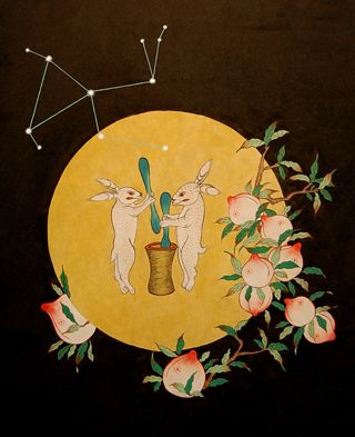 The Moon Rabbit  (Daltokki, 달토끼) Moon Rabbit, Chinese Folk Art, Korean Painting, Year Of The Rabbit, Harvest Time, Korean Art, China Art, The Harvest, Art Style Inspiration