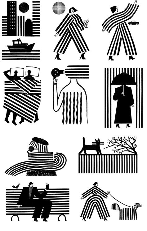 New Yorker - Spots on Behance Book Illustration Aesthetic, New Yorker Spot Illustration, Spot Illustration Editorial, Human Graphic Design, New Yorker Illustration, Graphic Design Black And White, Screen Printing Illustration, Work Graphic Design, Linocut Illustration