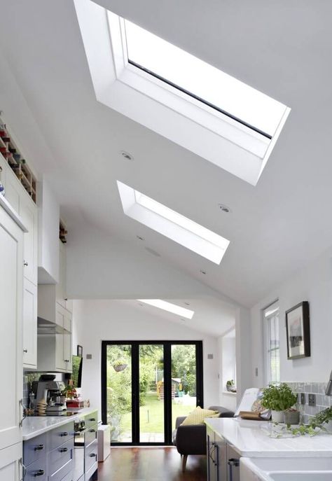 Skylight Living Room, Rear Kitchen Extension, Kitchen Skylight, Skylight Ideas, Pitched Roof Window, Skylight Design, Skylight Kitchen, Velux Windows, Roof Lights