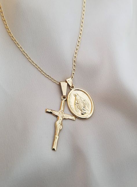 Cross And Virgin Mary Necklace, Virgin Mary Jewelry, Necklace With Cross, Virgin Mary Pendant, Mary Necklace, Dainty Jewellery, Catholic Necklace, Virgin Mary Necklace, Christian Necklace