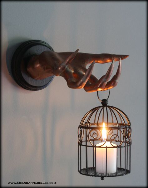 Diy Wall Sconces, Halloween Candles Diy, Bird Cage Candle, Bird Cage Candle Holder, Creepy Hand, Annabel Lee, Dark Home Decor, Goth Home Decor, Fun Halloween Decor