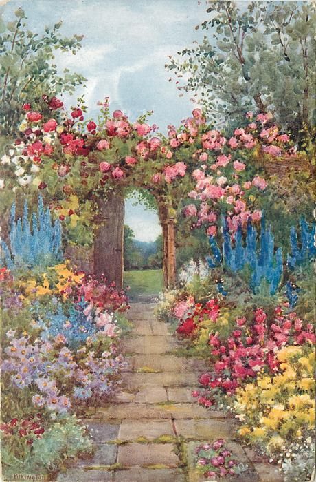 path leads to trellis covered with roses, many coloured flowers on both sides of path - TuckDB Postcards Garden Archway, Garden Drawing, Garden Painting, Printable Image, English Garden, Watercolor Landscape, Diy Paper, Beautiful Paintings, Both Sides