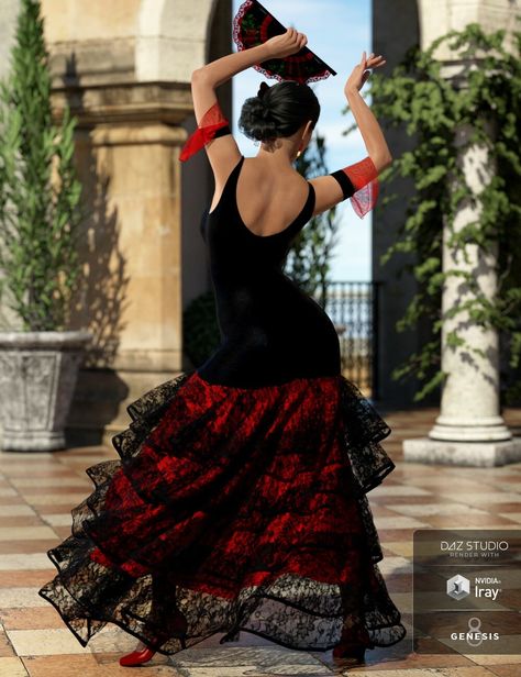 dForce Flamenco Dancer Outfit for Genesis 8 Females, Lisa Nikisatez on ArtStation at https://www.artstation.com/artwork/4b2WL8 Flamenco Dancers Photography, Spanish Dress Flamenco, Flamenco Wedding Dress, Flamenco Outfit, Flamenco Wedding, Dancer Outfit, Flamenco Costume, Flamenco Skirt, Spanish Dance