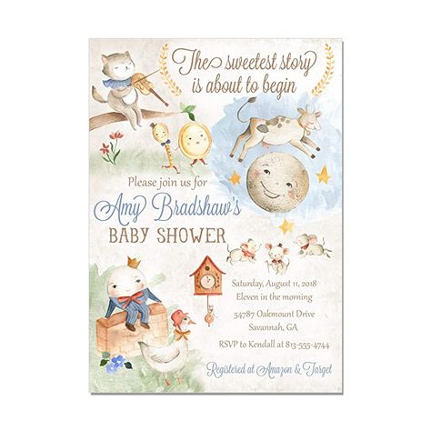 Nursery Rhyme Decor, Nursery Rhyme Themed Nursery, Nursery Rhymes Baby Shower Theme, Mother Goose Baby Shower Ideas, Nursery Rhyme Baby Shower Theme, Nursery Rhyme Nursery, Moon Invitations, Goose Party, Storybook Invitation