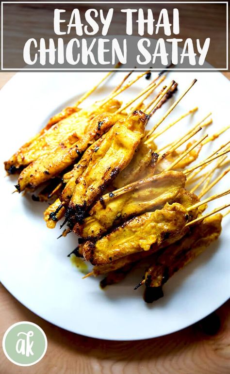 This easy Thai chicken satay has become my children's most requested meal. The chicken marinade comes together in a snap. Serve it with coconut rice and all dinner done. #easy #thai #chicken #satay #skewer #children Thai Chicken Satay Recipe, Thai Chicken Marinade, Chicken Satay Marinade, Satay Marinade, Easy Thai Chicken, Thai Chicken Satay, Chicken Satay Skewers, Chicken Satay Recipe, Satay Chicken