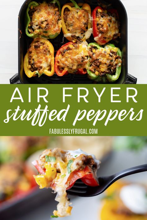 Tasty and quick stuffed peppers in the air fryer are the perfect weekday meal! Fresh And Lean Recipes, Air Fryer Recipes Healthy Dinners Beef, Stuffed Peppers Air Fryer Recipes, Cheap Healthy Air Fryer Meals, Easy Weeknight Dinners Healthy Air Fryer, Stuffed Bell Peppers Air Fryer, Air Fryer Lunches, Ground Beef Air Fryer Recipes, Beef Air Fryer Recipes