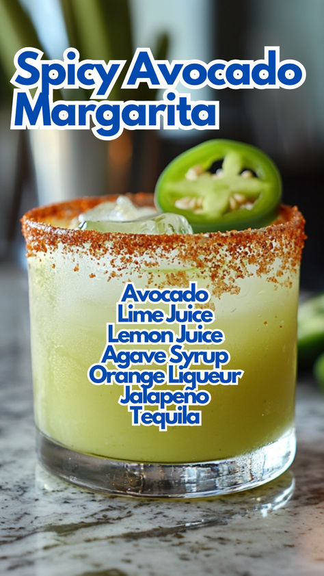 The Spicy Avocado Margarita is a unique and creamy cocktail that combines the smooth texture of avocado with the bold flavors of jalapeño, citrus, and tequila. This vibrant drink is perfect for those who love a bit of spice and a twist on the classic margarita.  #spicyavocadomargarita via @mybartender Avocado Cocktail, Avocado Margarita, Winter Holiday Recipes, Flavored Margaritas, Creamy Cocktails, Mango Margarita, Watermelon Margarita, Happy Hour Drinks, Classic Margarita