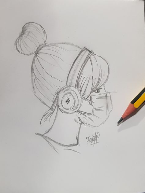 Girl with headphones Headset Drawing Sketch, Girl With Headphones Drawing, Headphone Sketch, Headphones Drawing, Music Sketch, Art Final, Mask Drawing, Girl With Headphones